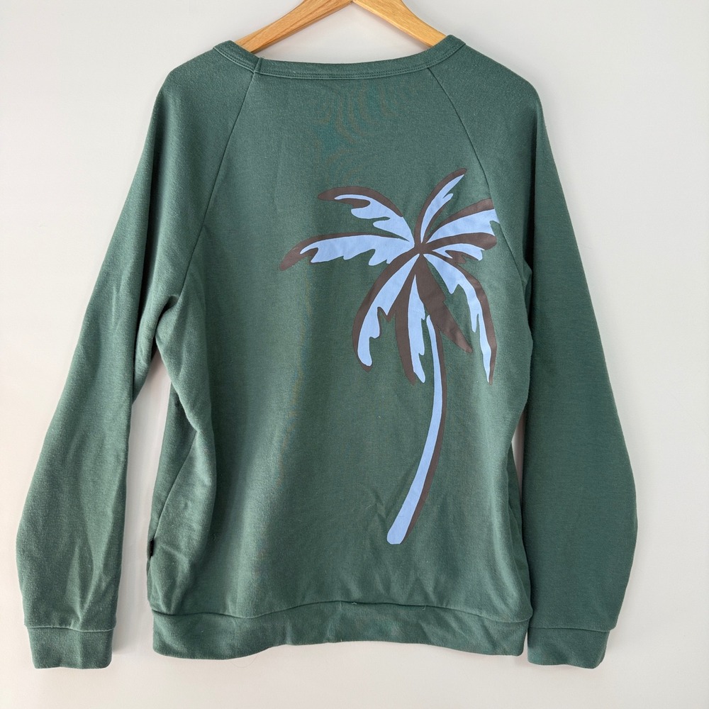 Onia Mens Green Palm Tree Graphic Crewneck Sweatshirt Large Raglan Sleeve Cotton